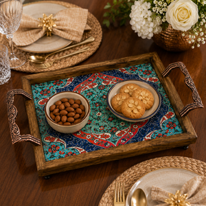 Bandeja de Servir Multifuncional de Madera Esmaltada de Primera Calidad, Moderna y Lujosa, con Estampado Ornamental, Asas Decorativas, Plato Cuadrado Hecho a Mano - Product Image 3