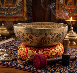 Ensemble de bols chantants tibétains traditionnels - Bol de méditation en laiton gravé à la main pour la guérison sonore et la décoration spirituelle - Product Image 1
