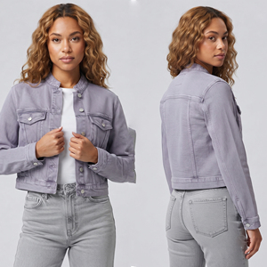 Chaqueta vaquera corta de mezclilla lavada para mujer con cuello alto y manga larga con botones - Product Image 1