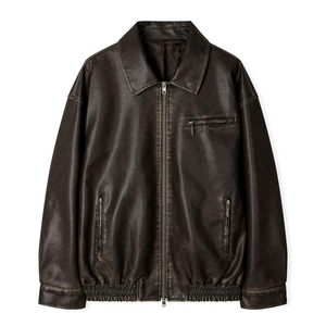 Men's Black PU Leather Bomber <b>Jacket</b> <b>Casual</b> Turn-down Collar Zipper Closure Regular Fit Autumn Wear - Product Image 4