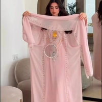 AWAIS HOUSE Kaftan ethnique musulman grande taille pour femme, orné à la main de perles et de sequins, en taffetas léger, longueur ras du sol, col montant