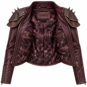 Blouson Biker Femme en Cuir Véritable Bordeaux avec Artwork DJ Personnalisé, Cape à Épaules Superposées et Clous – Fournisseur d'Usine OEM - Product Image 5