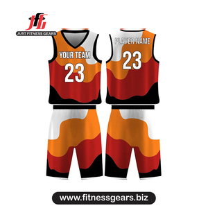 Ensemble de maillots de basket-ball personnalisés, sublimés, col en V, sans manches, évacuant l'humidité, uniforme unisexe pour adultes, orange et bleu - Product Image 2