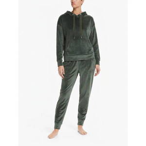 Conjunto Deportivo de Mujer en Terciopelo Verde Oscuro con Capucha, Manga Larga, Color Sólido, Corte Holgado, Pantalones de Invierno con Bolsillos Laterales - Product Image 6