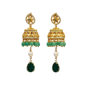 Chandelier Earrings with Green Beads Gold Plated Pearl and Emerald Moon Charm - Product Image 3