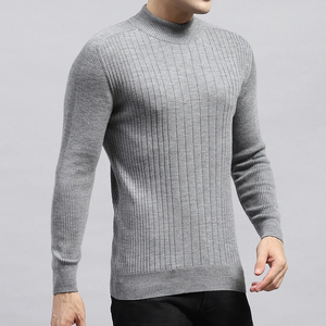 Pull en laine côtelé gris pour homme, col montant, manches longues, tricoté, couleur unie, coupe standard, hiver - Product Image 5