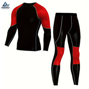 Conjunto Deportivo de Compresión para Hombre, Camiseta de Manga Larga Negra y Roja con Leggings, Ropa de Gimnasio que Absorbe la Humedad - Product Image 1