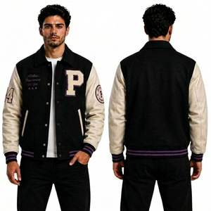 Chaqueta Varsity Unisex Azul Marino con Mangas de PU, Corte Regular, Estilo Preppy, Cuello Alto, Cierre de Botón, Ropa de Invierno Transpirable de Lana - Product Image 4