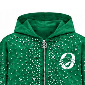 Sudadera con capucha verde esmeralda con cremallera y perlas, chaqueta de lujo con perlas incrustadas, sudadera con capucha de manga larga, ropa exterior informal a la moda - Product Image 3