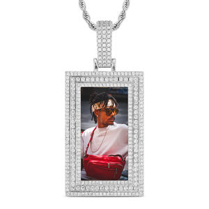 Sterling Silver Lab Grown Diamond Rectangle <b>Memory</b> Pendant Iced Out Photo Frame Picture Pendant Necklace Charm for Men Women - Product Image 2