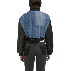 Veste courte de style streetwear en denim pour femmes, veste courte de style varsity avec manches en cuir pour femmes, service OEM - Product Image 2