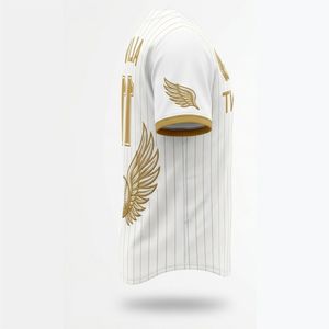 Maillot de baseball personnalisé de qualité supérieure, blanc avec rayures dorées, broderie 3D sur le devant et le dos, pour homme adulte, en polyester respirant - Product Image 3