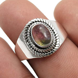Anillo artesanal de plata estilo bohemio en plata de ley 925 con turmalina rosa natural de corte ovalado, joyería bohemia de moda para mujer. - Product Image 4