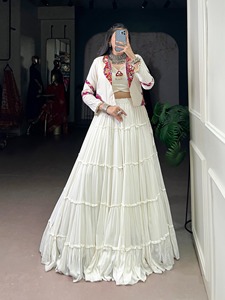 Women's Elegant White Embroidered Lehenga Choli Set Full Length Tiered <b>Skirt</b> With Blazer Top V-Neck Loose Fit All Seasons - Product Image 1