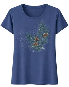 Camiseta de Algodón Azul Acero para Mujer con Estampado Floral de Pedrería, Manga Corta Casual, Top de Verano, Fabricante Personalizado, Suministro de Fábrica OEM - Product Image 1