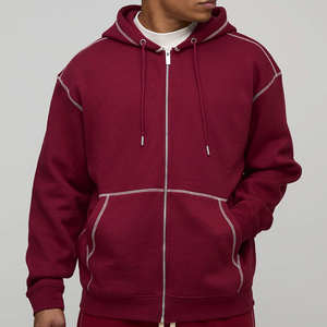 Hoodie zippé surdimensionné avec logo personnalisé, design tendance, surpiqûres contrastées, en coton mélangé respirant, pour homme, style gym et streetwear. - Product Image 1