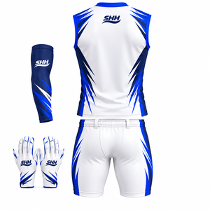 Ensemble d'uniformes de football 7v7 personnalisés blanc et bleu roi, comprenant un maillot sans manches, un short de compression, des manchons de bras et des gants de receveur pour équipes - Product Image 3