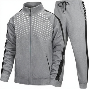 Ensemble de survêtement sportif gris pour homme, sweat à capuche zippé et pantalon de jogging, imprimé géométrique, respirant, en polyester, pour l'automne - Product Image 2