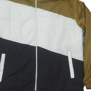 Coupe-vent unisexe à capuche avec fermeture éclair intégrale, panneaux color block géométriques blanc, noir, or, grande taille, imperméable, style urbain et extérieur - Product Image 5
