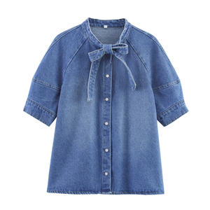 2 Colorway Bow Tie Denim Solid Color Button up Sleeveless Casual Eco-Friendly Vintage Jeans Blouse <b>Tops</b> Shirts for Women - Product Image 3