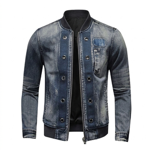Men's Denim Bomber Jacket Turn-down Collar <b>Zipper</b> Closure Casual Slim Fit Washed Blue Jean <b>Coat</b> Autumn Wear Regular Sleeve - Product Image 1