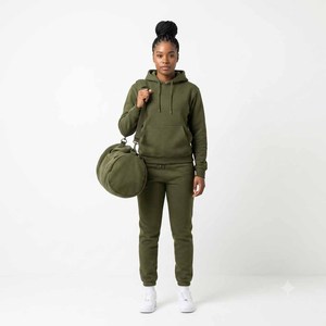 Conjunto Deportivo con Capucha para Mujer, Color Verde Oliva, Pantalones Largos y Sudadera, Estilo Casual Otoñal, Color Sólido, 100% Algodón - Product Image 5