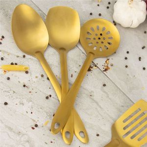 Juego de utensilios de servir modernos en oro mate, cucharas grandes y ranuradas de acero inoxidable para ensalada, pasta, herramientas de cocina. - Product Image 1