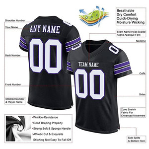 Maillot de football américain personnalisé noir et bleu, col en V, manches courtes, maille respirante, 100% polyester, pour homme adulte, sport - Product Image 4