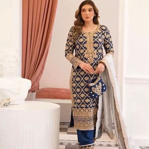 Luxury Faux Georgette Top Palazzo Set Dupatta Chain Stitch Embroidery Sequence Beads Work 3 Piece Readymade <b>Suit</b> - Product Image 1