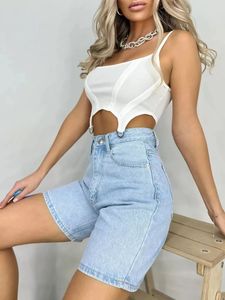Shorts en jean taille haute pour femme, coupe ample, noir, avec taille élastique, jambes larges, pour l'été - Product Image 4