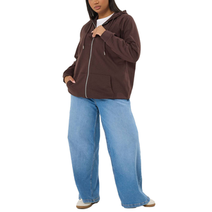 Sudadera con capucha y cremallera para mujer, estilo streetwear, color marrón sólido, con bolsillo canguro, informal para otoño. - Product Image 1