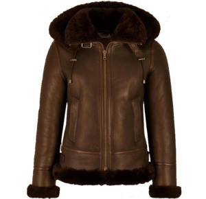 <b>Women</b> <b>Brown</b> Genuine Shearling Leather <b>Jacket</b> with Fur Hood Zipper Winter Coat Fashion Street Wear Breathable Windproof <b>Jacket</b> - Product Image 1