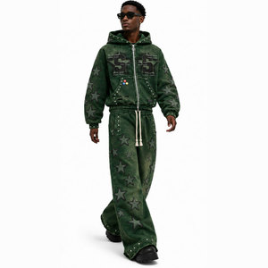 Conjunto Deportivo Unisex con Estampado de Estrellas Verdes, Sudadera con Capucha, Manga Larga, Corte Holgado, Estilo Urbano, Otoño, Mezcla de Algodón, Cierre de Cremallera, Pantalones Anchos - Product Image 5