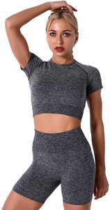 Conjunto Deportivo de Punto para Mujer, Top Corto de Manga Corta, Pantalones Cortos por Encima de la Rodilla, Color Sólido, Transpirable, para Gimnasio, Yoga - Product Image 5