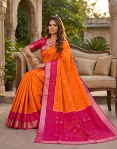Sari indien ethnique en soie Pochampalli orange, style Banarasi, tissé avec des motifs, pour mariage, fête ou tenue de mariée. - Product Image 1