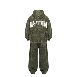 Conjunto de Sudadera con Capucha y Pantalones de Chándal para Hombre, Verde Oliva, Camuflaje, Cierre de Cremallera, Corte Holgado, Estilo Urbano, Lavado, Personalizado, OEM, ODM, Venta al Por Mayor - Product Image 4