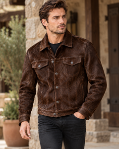 Chaqueta de Cuero para Hombre, Color Marrón, con Pelo de Vaca, Estilo Vintage, Cuello Camisero, Cierre de un Solo Botón - Product Image 1