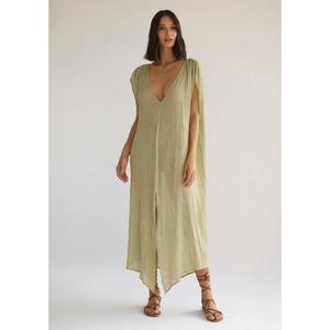 เดรสผ้าฝ้ายสีเขียวมะกอกทรงยาวสำหรับผู้หญิง แบรนด์ OEM เอวธรรมชาติ สายคาดเอวรักษ์โลก คอวีลึก สไตล์โบฮีเมียน ช่วงฤดูร้อน ผ่าหน้า - Product Image 6