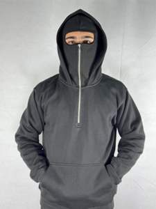 OEM Custom 420gsm 100% Cotton Velour Double Hood Streetwear Heavyweight Balaclava Hoodie Oversized Double Layered <b>Masked</b> Men's - Product Image 2