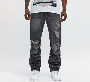 Jeans de Mezclilla para Hombre, Corte Recto, Desgastados y Rotos, Lavado Medio, Estilo Hip Hop, Algodón, Corte Regular, para Otoño - Product Image 1