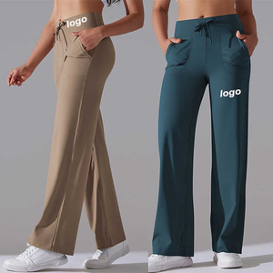 Customized Solid Color Women's <b>Leggings</b> Spandex/Nylon Mid Waist Drawstring Quick Dry Breathable <b>Flared</b> Leg Wholesale Bulk - Product Image 1