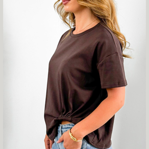 T-shirt décontracté pour femme 100 % coton, manches courtes, marron uni, respirant, séchage rapide, coupe classique, confortable - Product Image 3