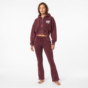 Women's Maroon Cotton Fleece Acid Wash Hoodie And Wide Leg <b>Jogger</b> Set Full Zip <b>Crop</b> Top Long Sleeve Casual Wear - Product Image 1