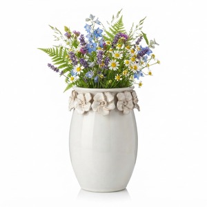 Jarrón de Cerámica Blanco con Relieve Floral, Estilo Bohemio, Decoración de Mesa, Soporte para Arreglos Florales Hecho a Mano - Product Image 1