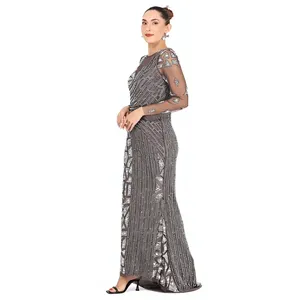 Robe de soirée élégante gris ardoise à sequins géométriques, coupe fourreau, manches longues, longueur ras du sol, col en V, transparente, formelle, maxi - Product Image 6