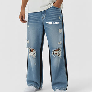 Pantalon en jean baggy déchiré pour homme, coupe ample avec empiècements noirs latéraux, qualité supérieure, prix de gros abordable - Product Image 1