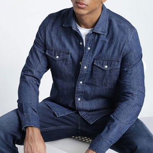 Chemise en jean pour homme à manches longues, coupe classique, couleur unie, col rabattu, respirante, style décontracté, coton délavé - Product Image 4