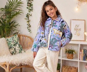 Veste matelassée réversible en coton pour filles, imprimé animal, poche avant tricotée, manches trois quarts, col rabattu - Product Image 1