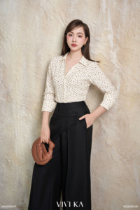 Camisa Elegante de Manga Larga con Estampado de Puntos para Mujer, Cuello Camisero, Botones, Blusa de Oficina de Corte Regular SUNNY - Product Image 3