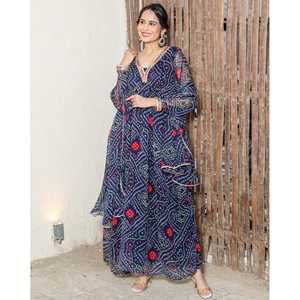 Ensemble de costume de fête Brinda Blue Bandhani à col en V et taille ample, tissu tissé respirant avec broderie, taille XS - Product Image 3